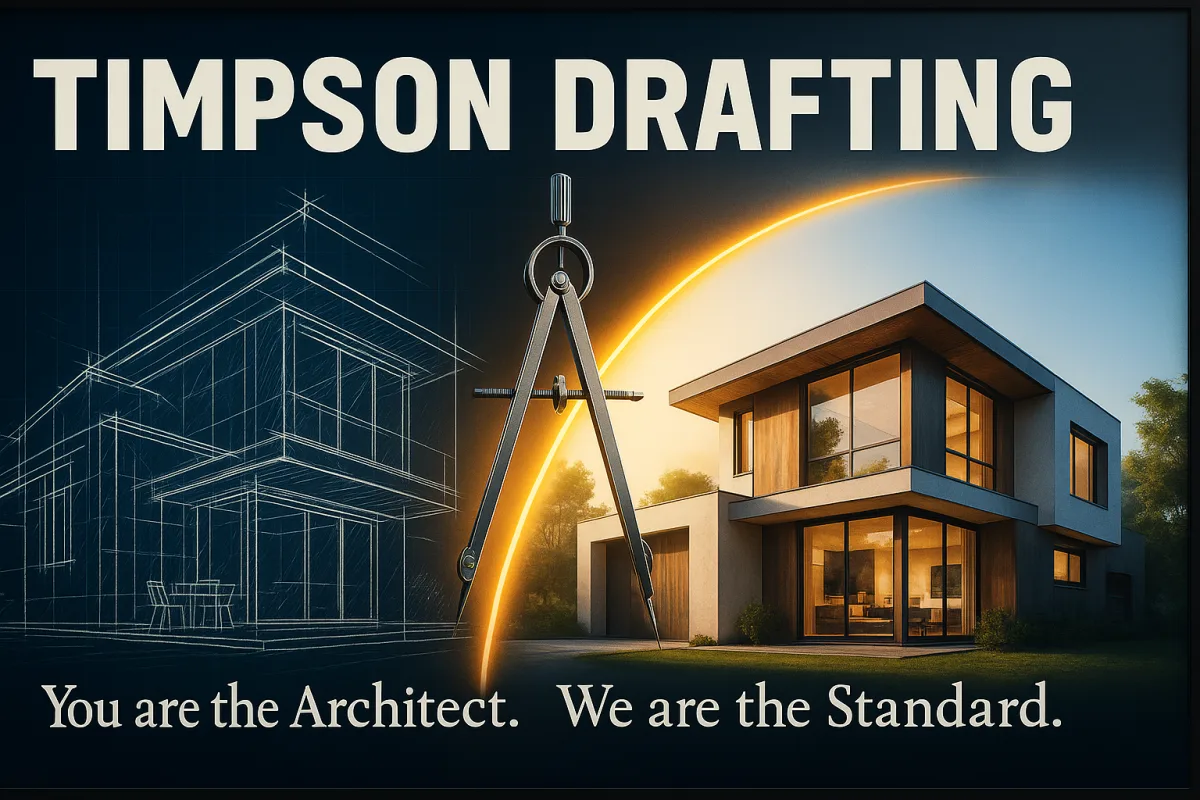 Timpson Drafting artwork showing a sketched home becoming a finished design beneath the words You are the Architect, We are the Standard