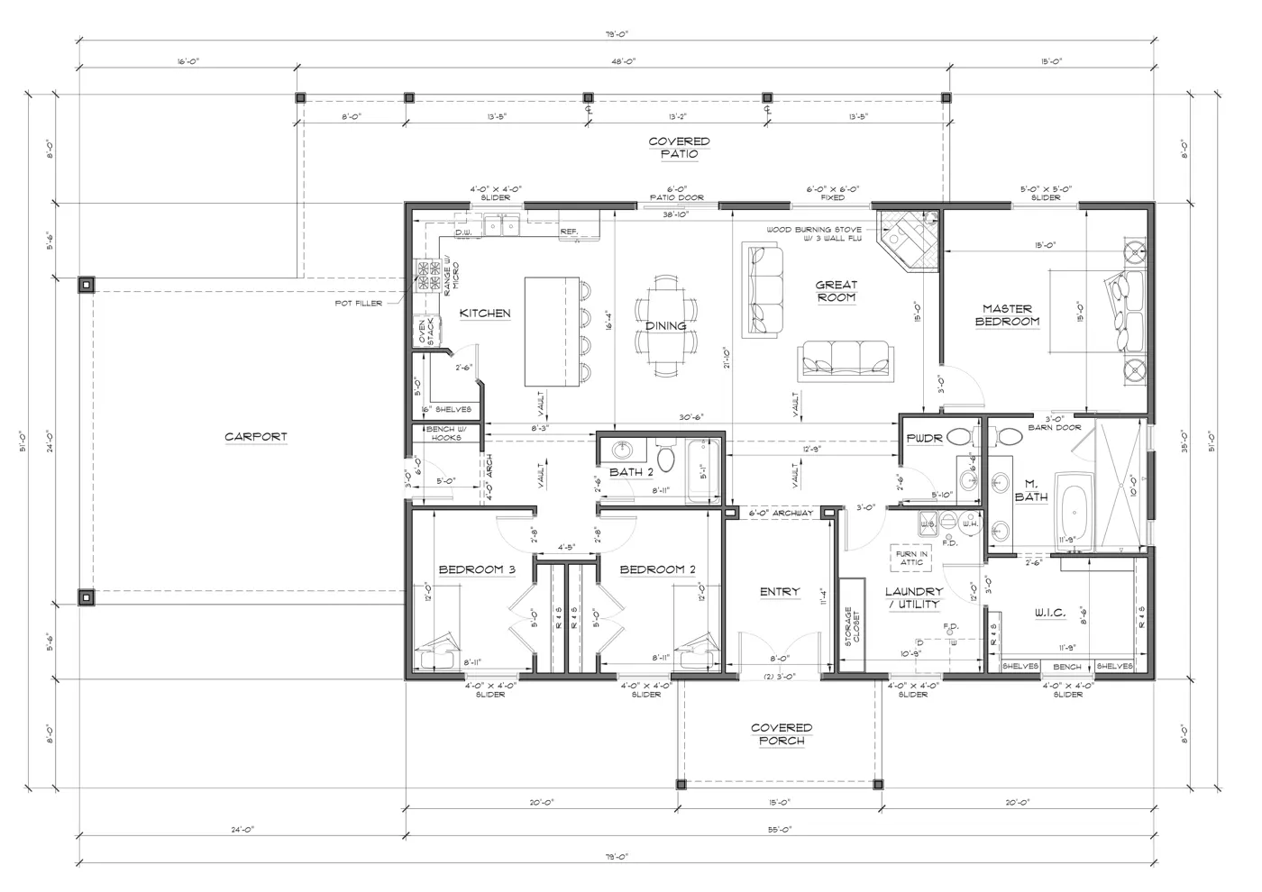 Floor-plan study for a three-bedroom barndominium