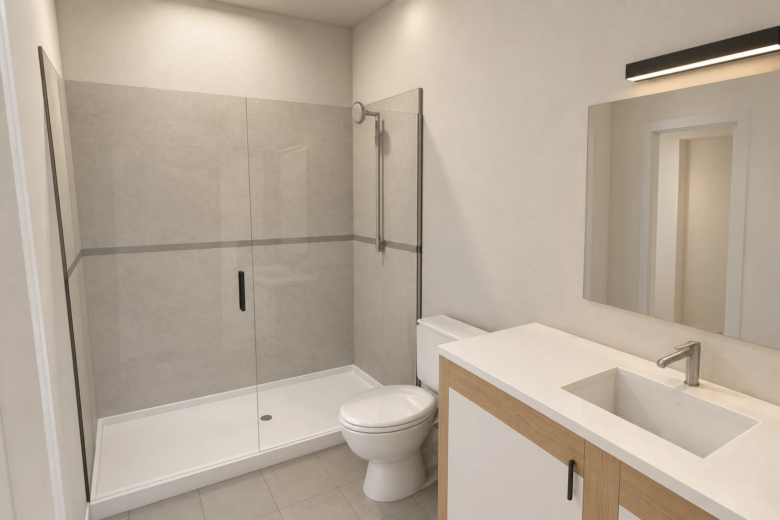 Enhanced bathroom design visualization with glass shower and wood-trimmed vanity