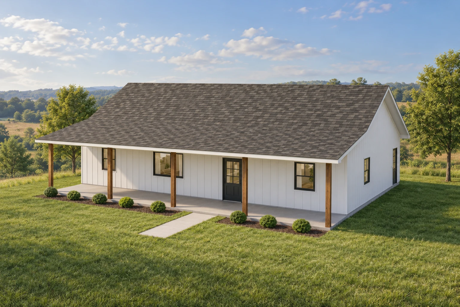 Front three-quarter design visualization of a single-story farmhouse with a full-width covered porch