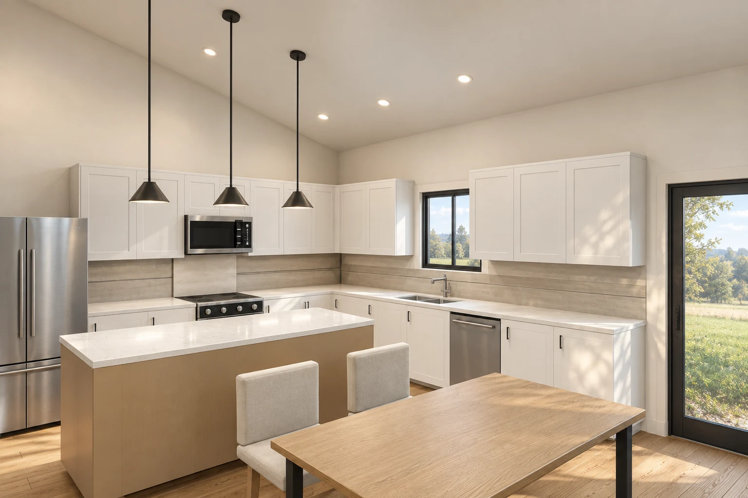 Interior design visualization of a farmhouse kitchen with island and pendant lighting