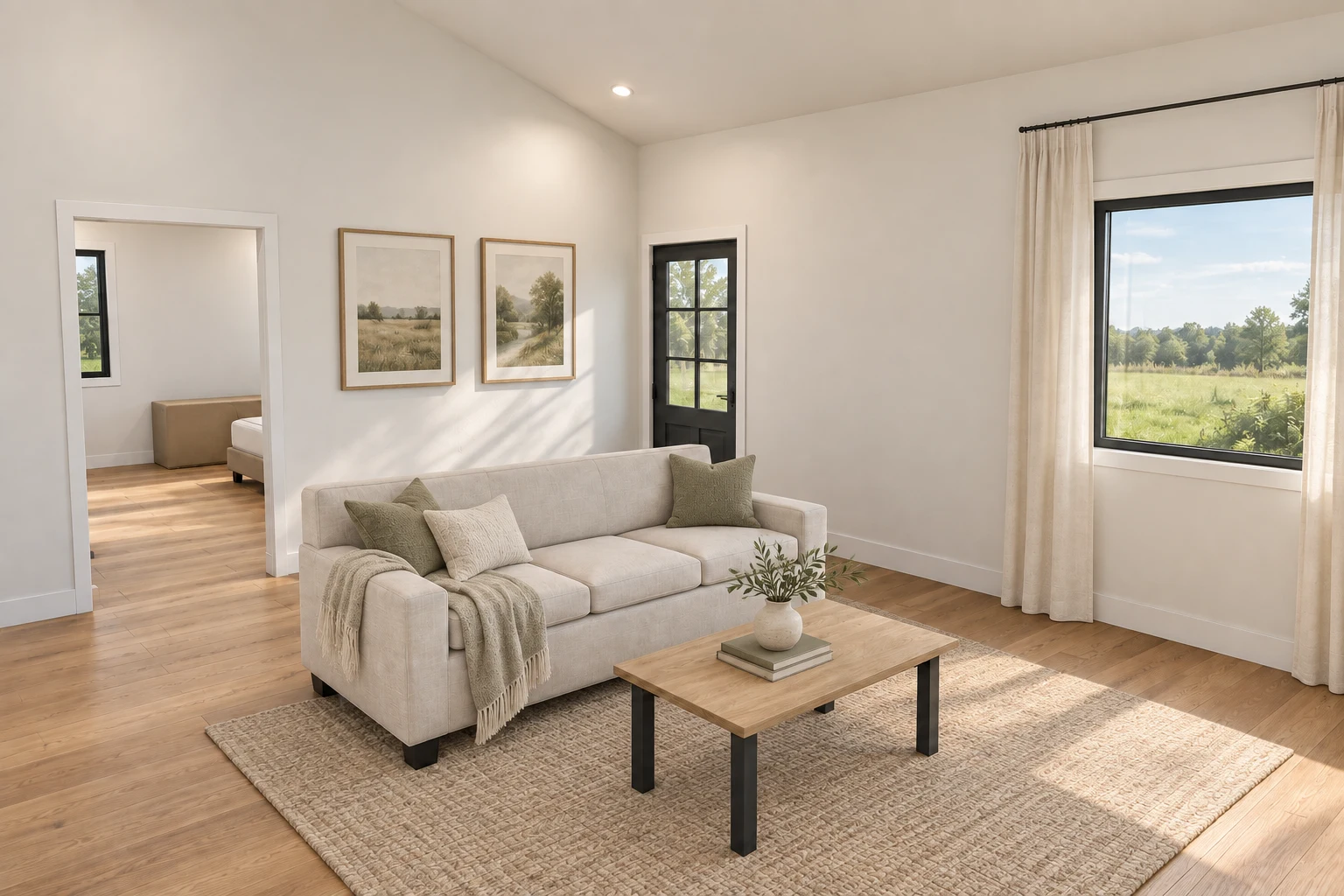 Interior design visualization of the farmhouse living room and adjacent bedroom doorway