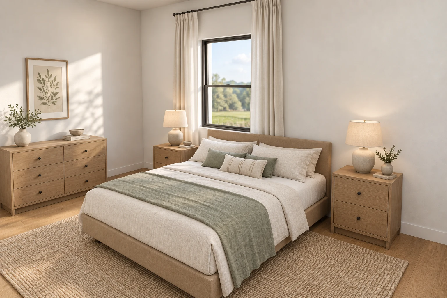 Interior design visualization of the farmhouse primary bedroom