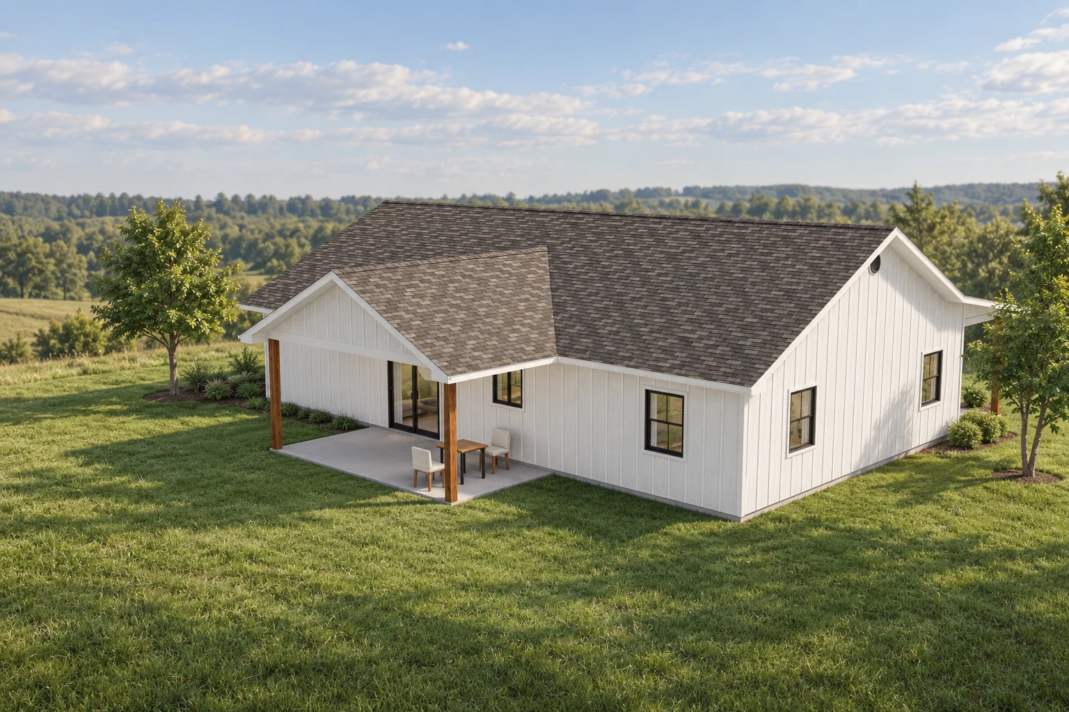 Rear three-quarter design visualization of a farmhouse with a covered patio
