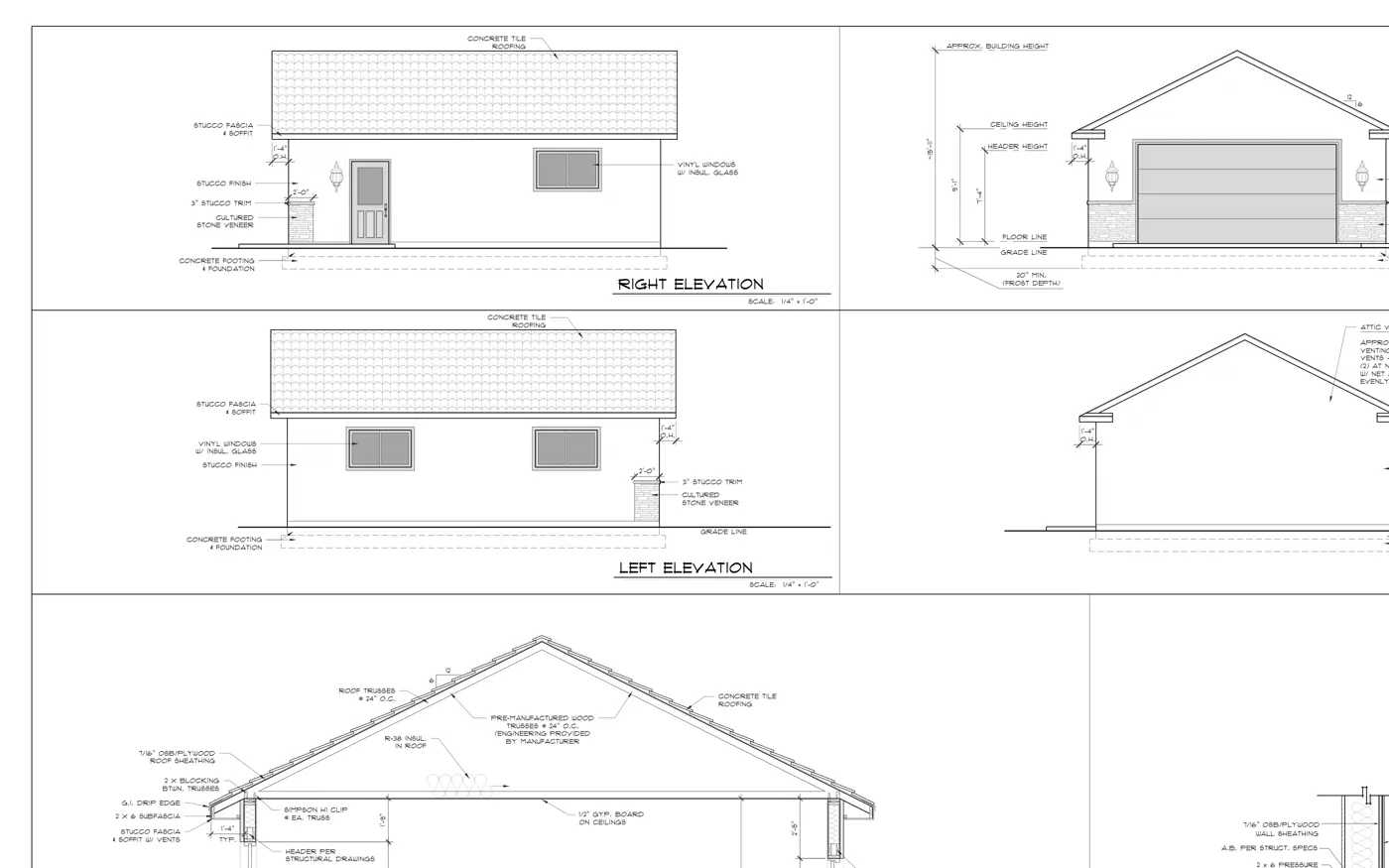 Cropped exterior elevations and section for a Utah detached garage