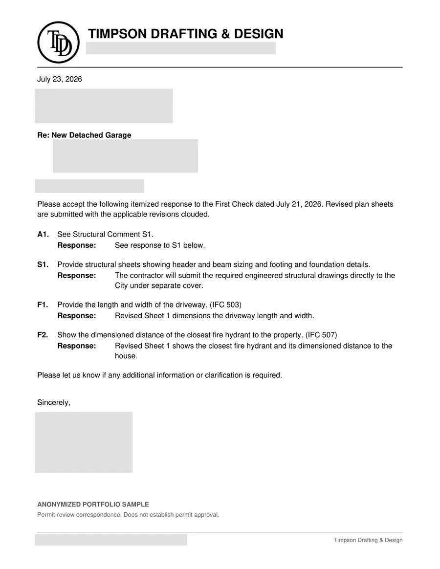 Anonymized itemized response to residential permit-review comments