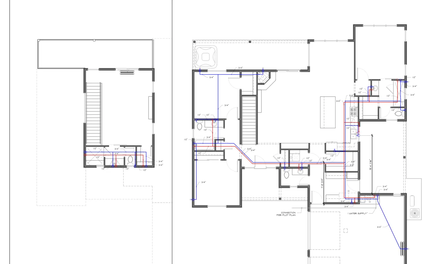 Residential water-supply plan showing coordinated piping routes