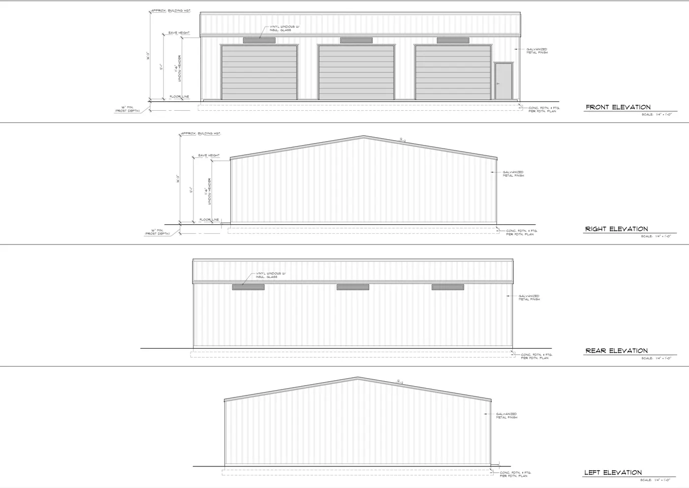 Four exterior elevations for a proposed steel shop and barn